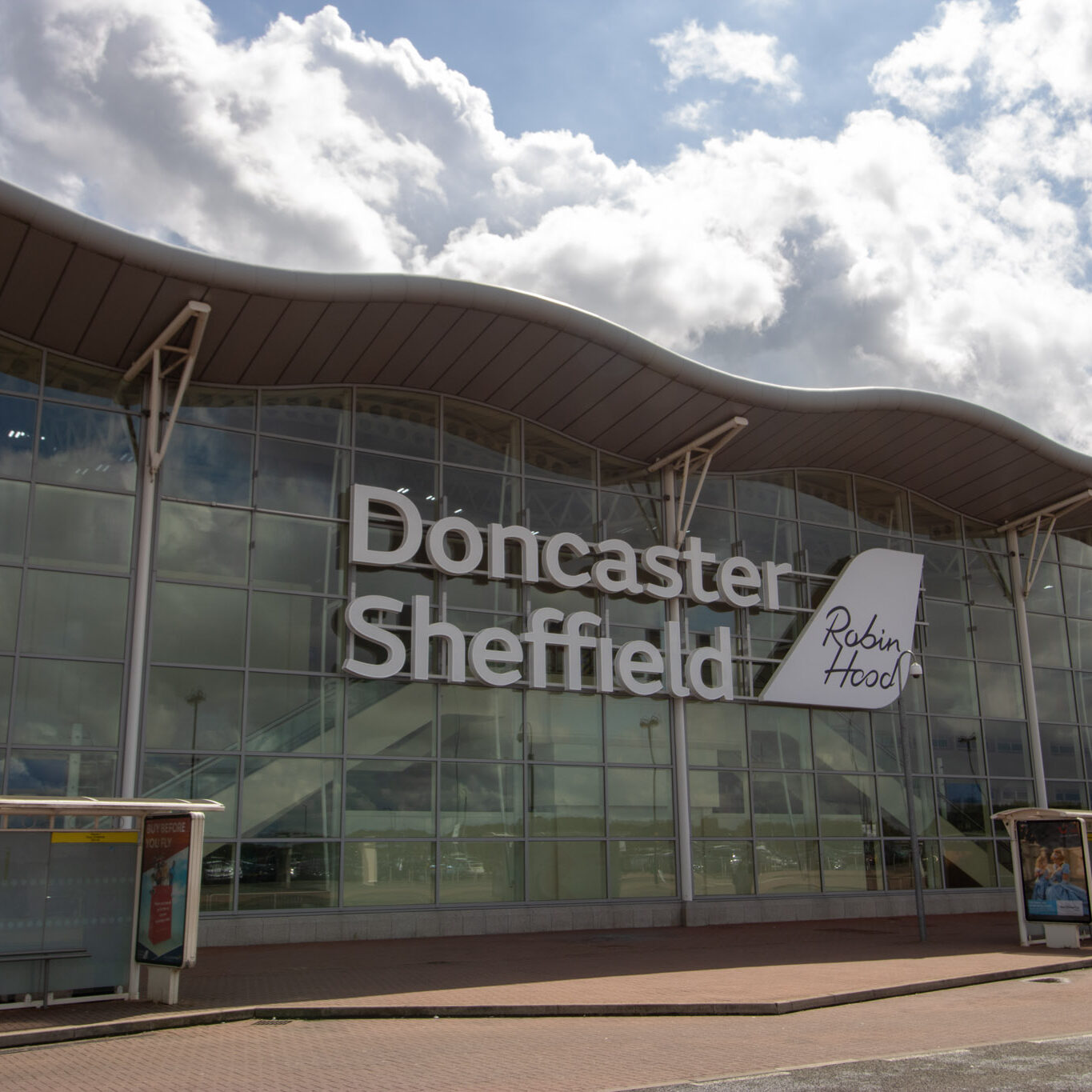 Doncaster UK, 18th August 2019:  The Doncaster Sheffield Robin Hood international airport, outside the front entrance taken on a part cloudy sunny day. in West Yorkshire